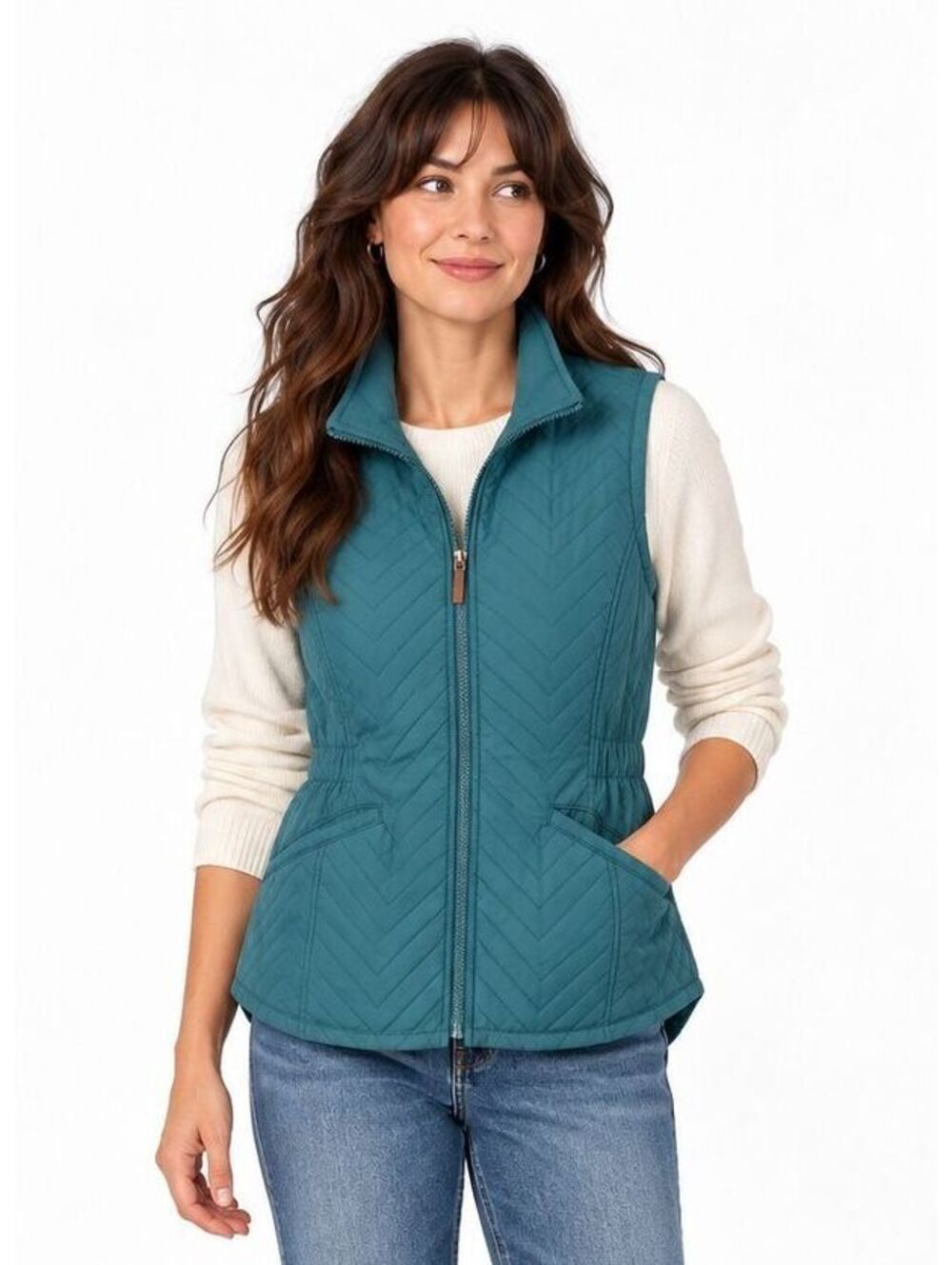 Blue Mountain Teal Quilted Vest Fleece Lined Cinched Waist Outdoor Womens Small